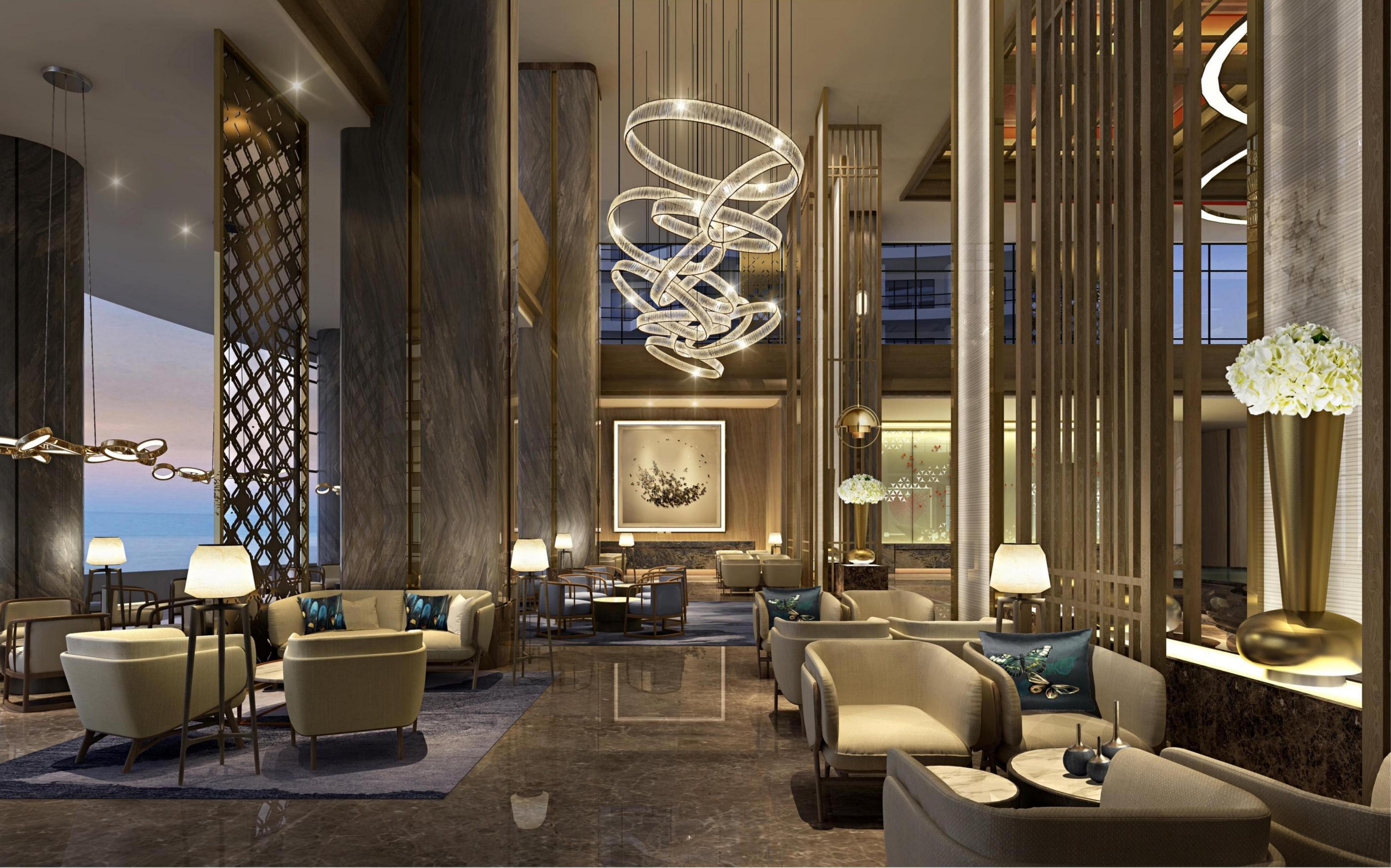 Grand lobby showing complete interior fit-out delivery with lighting, furniture and panelling