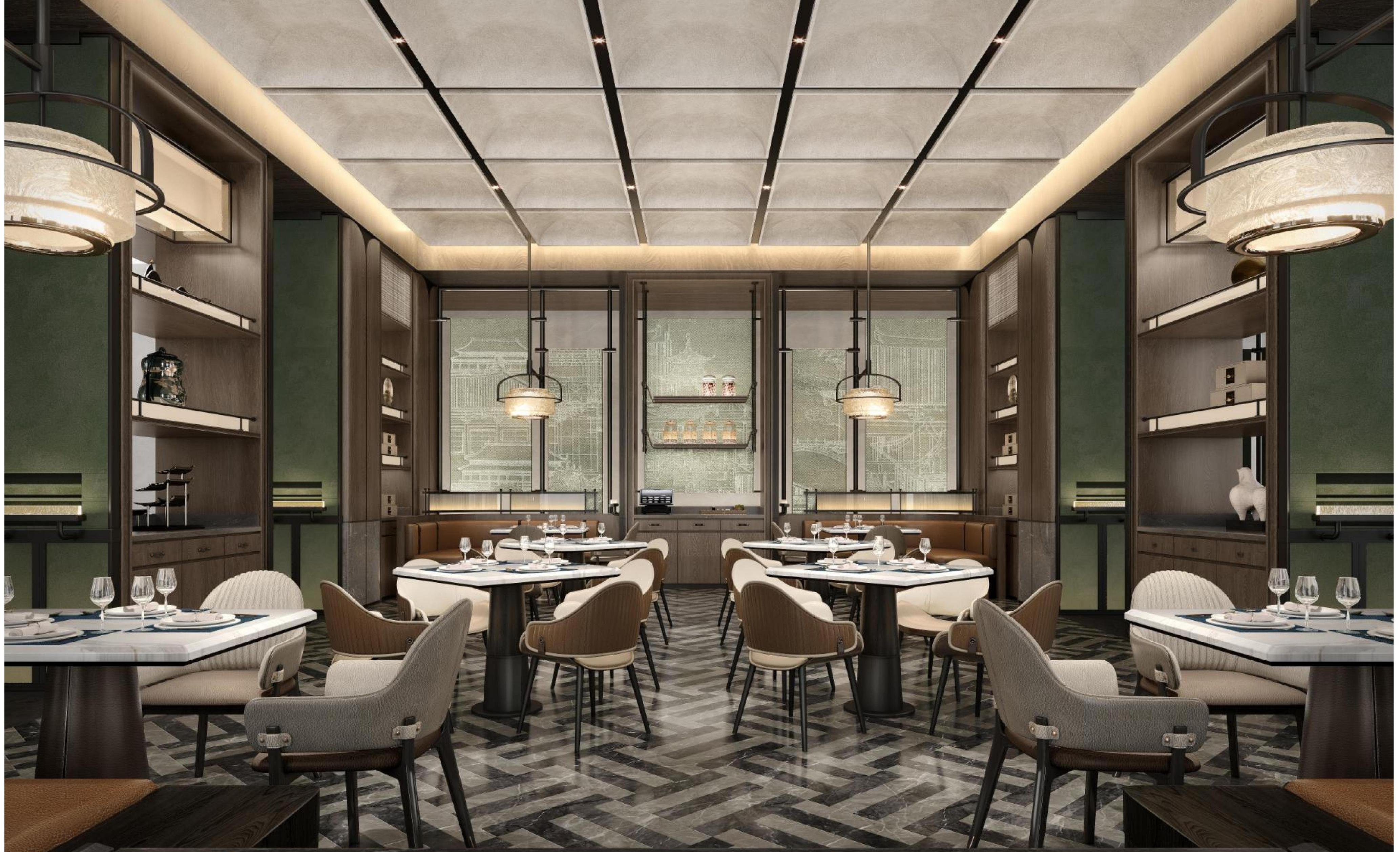 Fine Dining Restaurant — Chinese-style dining room with green paneling and herringbone floor