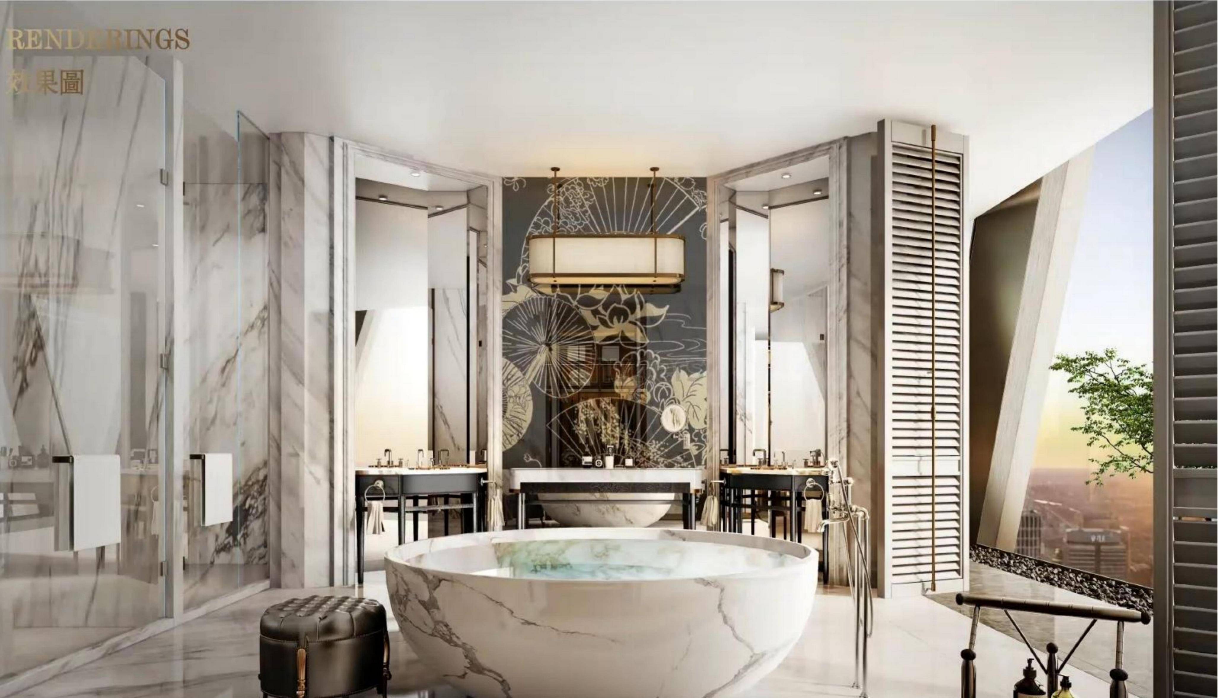 Luxury marble bathroom showing premium surface finishes and lacquer work
