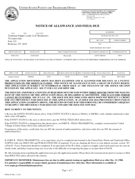 USPTO Notice of Allowance